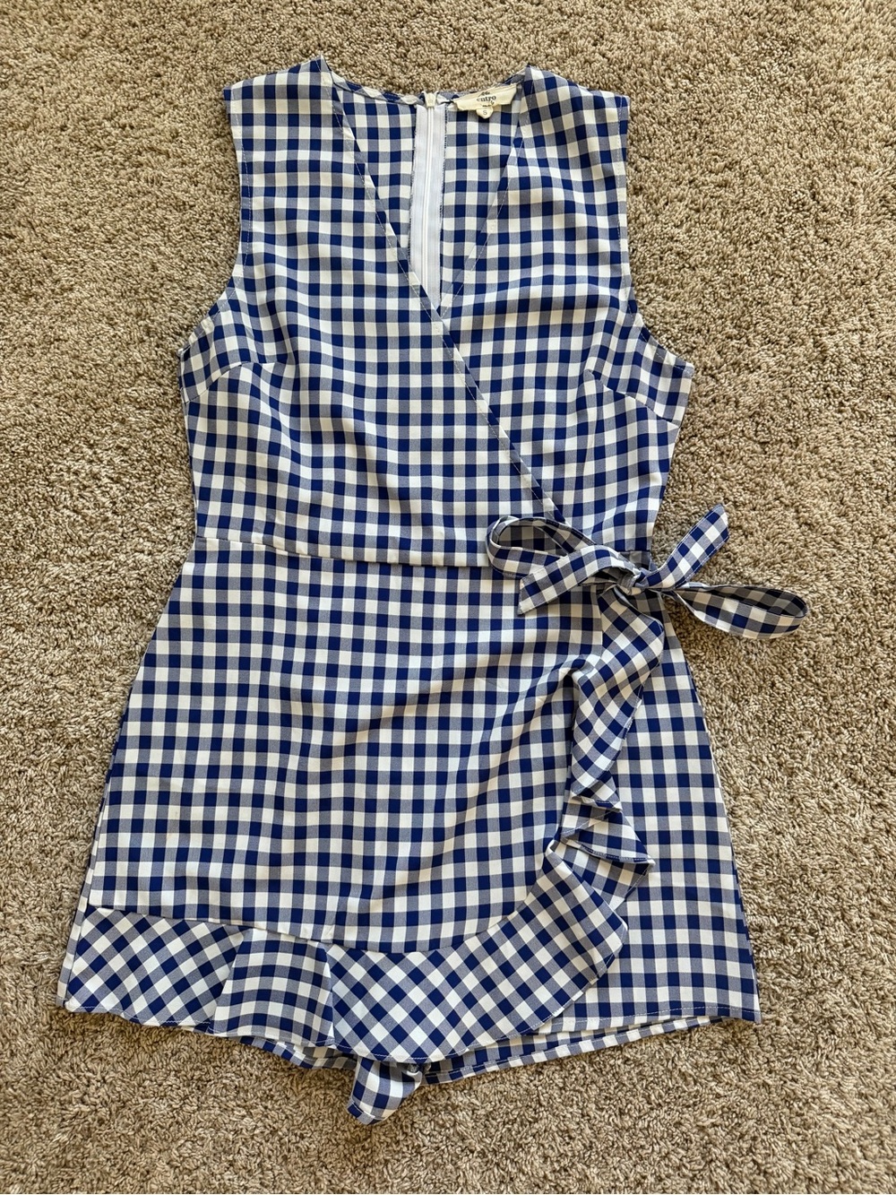 VICI Blue and White Gingham Wrap-Style Romper